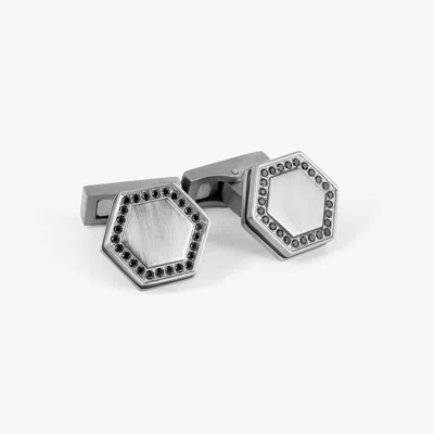 Tateossian London Automobili Lamborghini Hex Cufflinks In Titanium With Black Diamonds In Silver