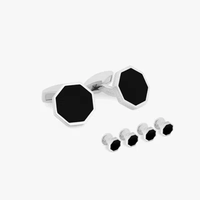 Tateossian London Eye Cufflinks And Studs Set In Black Onyx With Rhodium Silver