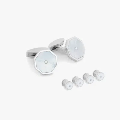 Tateossian London Eye Cufflinks And Studs Set In Rhodium Plated Silver With White Diamonds And Mop