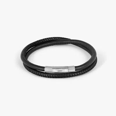 Tateossian London Giza Click Stitch Pelle Bracelet In Rhodium And Black Leather