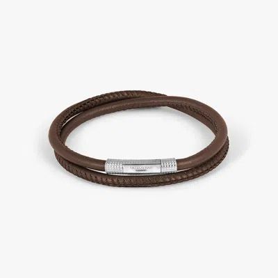 Tateossian London Giza Click Stitch Pelle Bracelet In Rhodium & Brown Leather