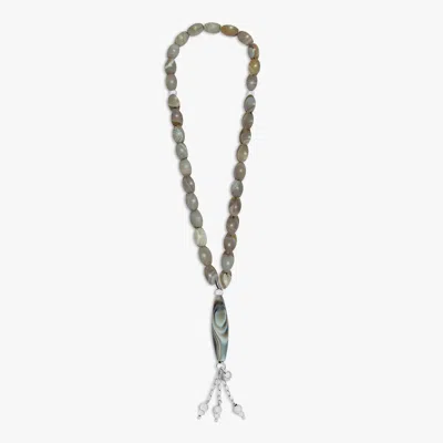 Tateossian London Grey Rhodium Plated Silver Long Smooth Ellipse Agate Worry Beads