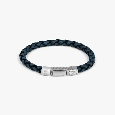 Tateossian London Herringbone Click Pelle Bracelet In Rhodium & Blue Leather - M