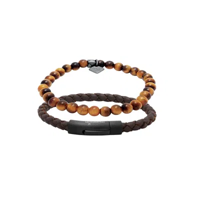 Tateossian London Men's Black / Brown Thompson Black Ip Steel Tubo Classico Set Bracelets In Brown Leather In Black/brown