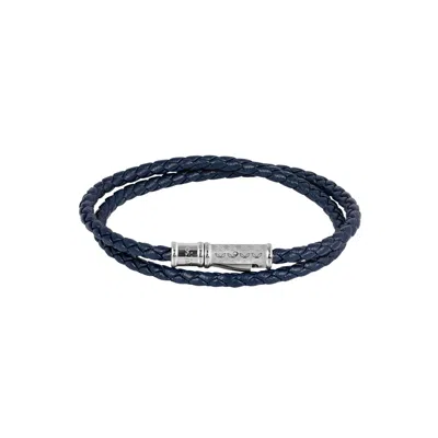 Tateossian London Men's Blue / Silver Thompson Lucky Clover Double Wrap Bracelet In Navy Leather In Multi