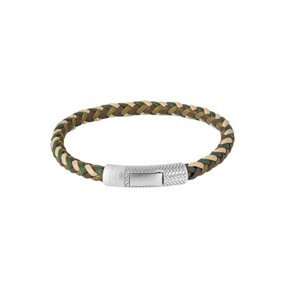 Tateossian London Men's Green Herringbone Click Multi Pelle Bracelet In Rhodium Plated Sterling Silver With Khaki Leat