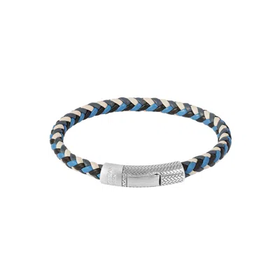 Tateossian London Men's Herringbone Click Multi Pelle Bracelet In Rhodium Plated Sterling Silver With Blue Leather