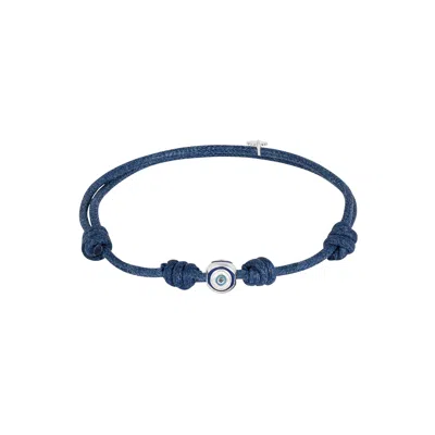 Tateossian London Men's Protective Wax Cord Evil Eye Bracelet In Rhodium Plated Sterling Silver With Blue Enamel