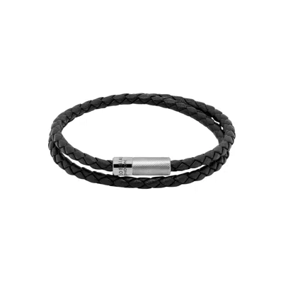 Tateossian London Men's Silver / Black Pop Rigato Double Wrap Leather Bracelet In Black In Silver/black