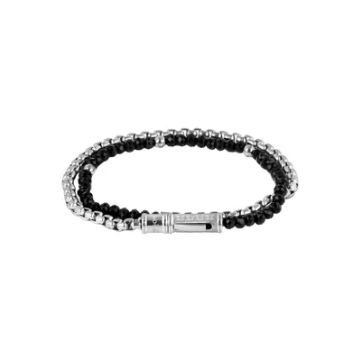 Tateossian London Men's Silver / Black Thompson Lucky Clover Double Wrap Bracelet With Black Agate In Multi