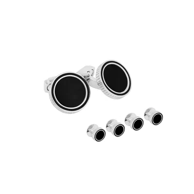 Tateossian London Men's Silver / Black Thompson Tambor Cufflink Stud Set In White Bronze Plated With Onyx In Silver/black