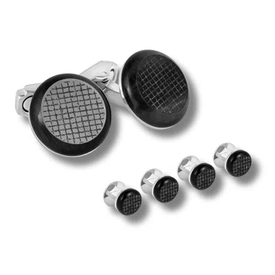 Tateossian London Men's Silver / Black Thompson Woven Round Cufflink Stud Set In White Bronze Plated Base Metal With O