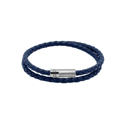 Tateossian London Men's Silver / Blue Pop Rigato Double Wrap Leather Bracelet In Navy In Silver/blue