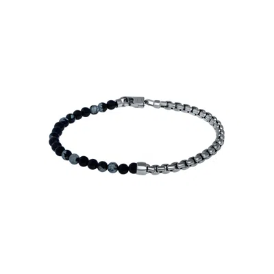 Tateossian London Men's Silver / Blue Sennit Beaded Box Chain Bracelet In Black Snowflake Obsidian In Silver/blue