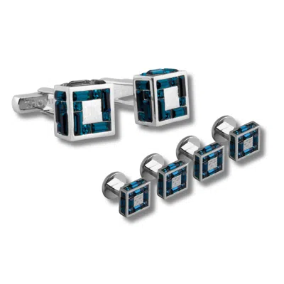 Tateossian London Men's Silver / Blue Thompson Grey Swarovski Cube Cufflink And Shirt Studs Set