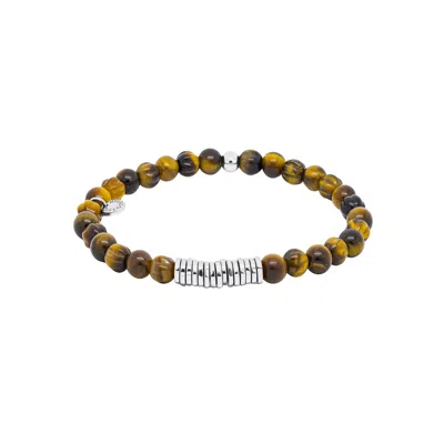 Tateossian London Men's Silver / Brown Classic Discs Beaded Bracelet In Rhodium Plated Silver With Brown Tiger Eye