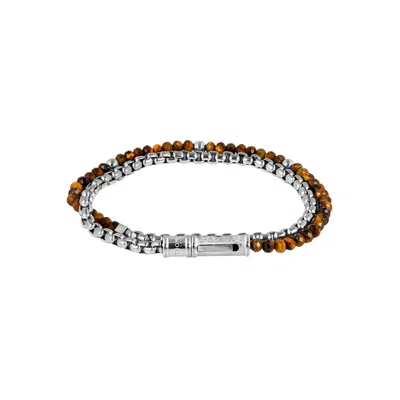 Tateossian London Men's Silver / Brown Thompson Lucky Clover Double Wrap Bracelet With Tiger Eye In Multi