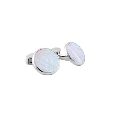 Tateossian London Men's Silver Rotondo Guilloche Semi-precious Cufflinks With White Mother Of Pearl In Stainless Steel