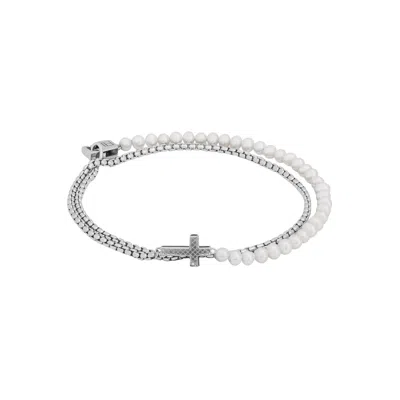 Tateossian London Men's Silver / White Ipanema Bracelet In Rhodium Plated Silver In White Freshwater Pearl In Silver/white
