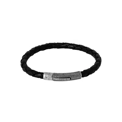 Tateossian London Men's Vintage Herringbone Click Leather Bracelet In Black With Stainless Steel