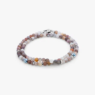 Tateossian London Rhodium Plated Sterling Silver Evil Eye Double Wrap Bracelet With Agate