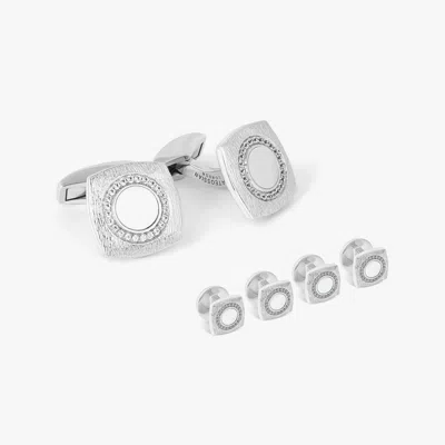Tateossian London Round Grafiatto Square Cufflinks & Shirt Studs In Sterling Silver With White Mop
