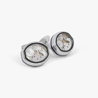 Tateossian London Tonneau Skeleton Cufflinks In Palladium & Blue Enamel In Silver