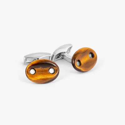 Tateossian Marine Link Cufflinks In Rhodium Plated Sterling Silver With Tiger Eye In Brown
