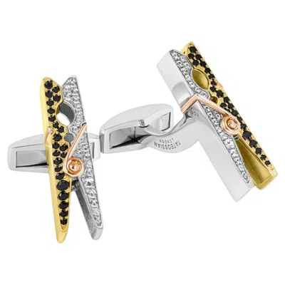 Pre-owned Tateossian Mayfair Peg Cufflinks In Yellow Gold With Black Spinel & White Sapphire