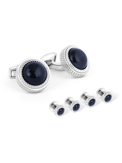 Tateossian Men's 3-piece Sterling Silver & Blue Tiger Eye Cufflinks & Studs Set In Black