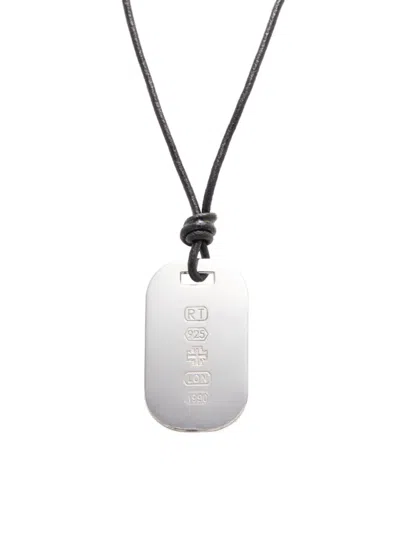 Tateossian Men's Rhodium Plated Sterling Silver & Leather Id Tag Pendant Necklace In Black