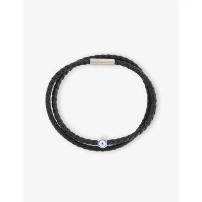 Tateossian Mens Black Double Wrap Leather And Sterling Silver Bracelet