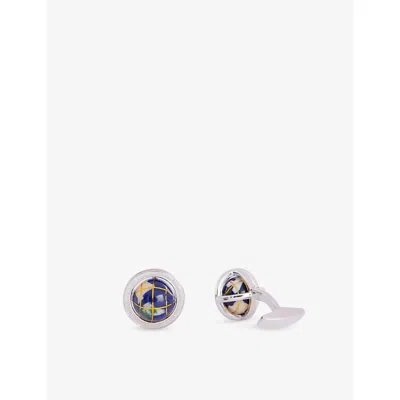 Tateossian Mens Blue Globe Mosaic Rhodium-plated Sterling-silver And Lapis Cufflinks In Metallic