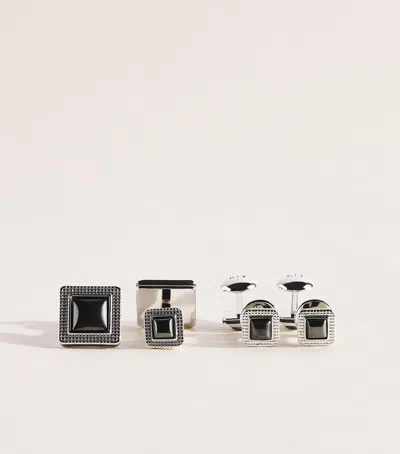 Tateossian Metal And Hematite Duo Cabochon Cufflinks And Studs Set In Silver