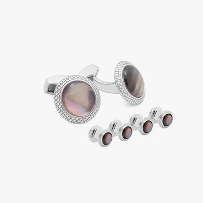 Tateossian Moonlight Bullseye Cufflinks And Studs Set In Black Mother Of Pearl With Rhodium Plated In Metallic