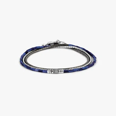 Tateossian Navaho Triple Wrap Beaded Bracelet In Rhodium Plated Silver With Sodalite And Hematite - M In Blue