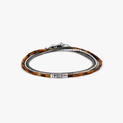 Tateossian Navaho Triple Wrap Beaded Bracelet In Rhodium Silver With Tiger Eye And Hematite - L In Brown