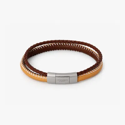 Tateossian Oblong Click Multi-stitch Pelle Leather Bracelet Brown And Beige - M