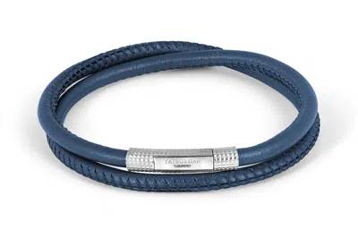 Tateossian Octagon Click Pelle Bracelet In Rhodium Plated Sterling Silver With Navy Leather In Blue