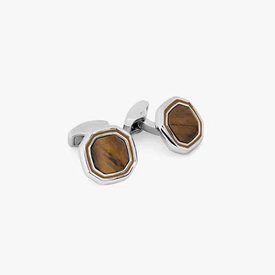 Tateossian Octagon Semi-precious Cufflinks With White Bronze Plated In Tiger Eye In Brown