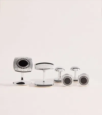 Tateossian Onyx Graffiato Rounded Square Cufflinks And Studs Set In Metallic