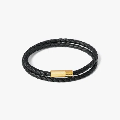 Tateossian Pop Rigato Double Wrap Leather Bracelet In Black With 18k Yellow Gold Plated - L