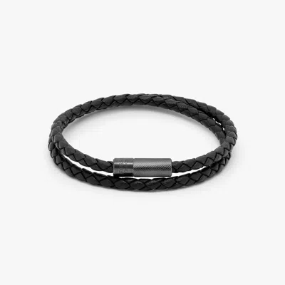 Tateossian Pop Rigato Pelle Double Wrap Bracelet In Black Leather With Black Ruthenium Silver - M