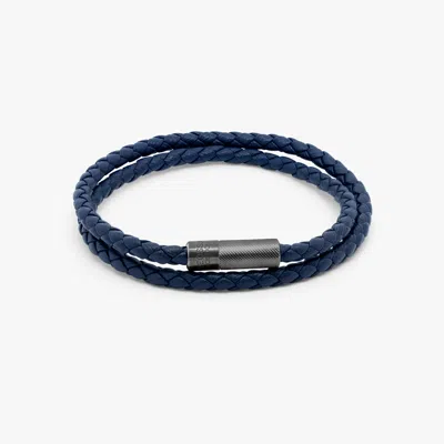 Tateossian Pop Rigato Pelle Double Wrap Bracelet In Navy Leather With Black Ruthenium Silver - L In Blue