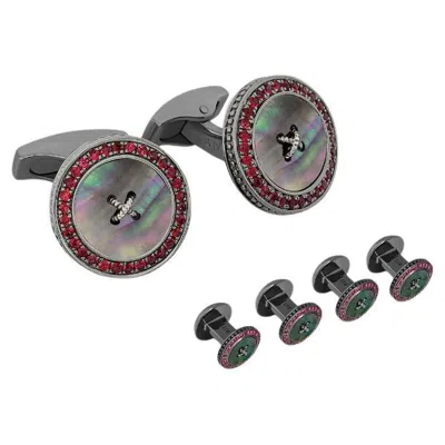 Pre-owned Tateossian Precious Button Cufflink Stud Set With Black Mother Of Pearl And Rubies