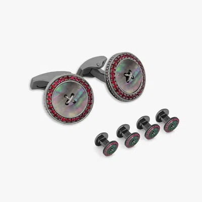 Tateossian Precious Button Cufflink Stud Set With Black Mother Of Pearl And Rubies In Gray