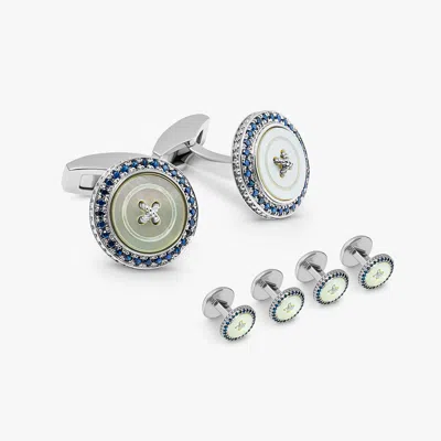 Tateossian Precious Button Cufflink Stud Set With White Mother Of Pearl And Sapphires In Multi