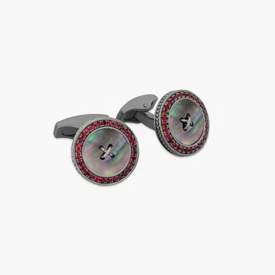 Tateossian Precious Button Cufflinks With Black Mother Of Pearl & Rubies In Silver