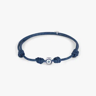 Tateossian Protective Wax Cord Evil Eye Bracelet In Rhodium Plated Sterling Silver With Blue Enamel