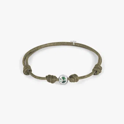 Tateossian Protective Wax Cord Peace Bracelet In Rhodium Plated Sterling Silver With Green Enamel